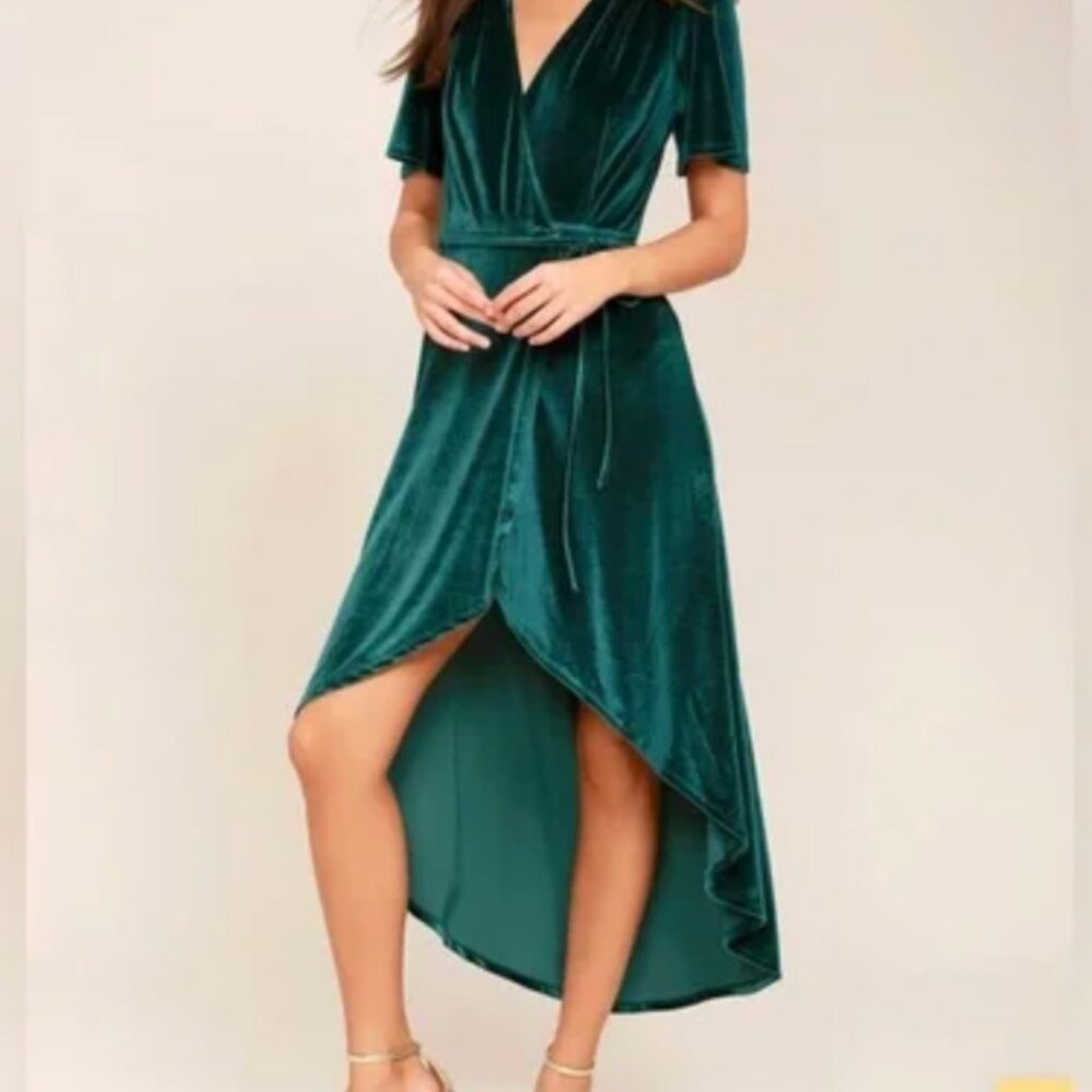 Lulus XS Amour Teal Green Velvet High-Low Wrap - GREAT holiday dress!